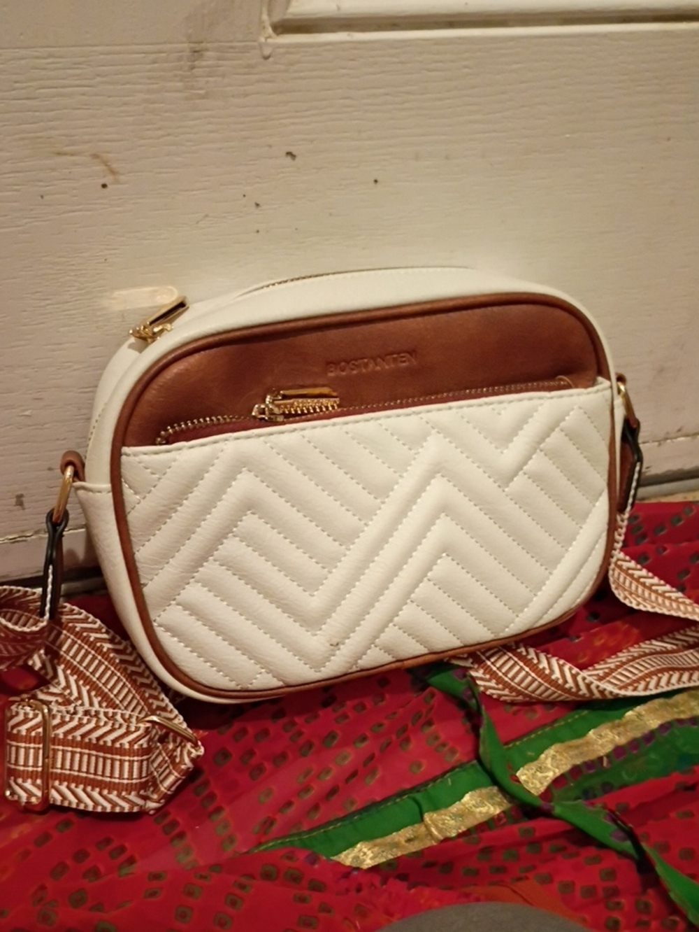White & Brown Quilted Crossbody Bag